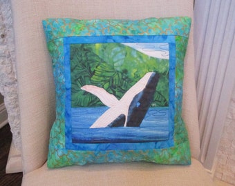 Quilted Humpback Whale Batik Pillow Cover~ Humpback Whale Batik Fabric Pillow Cover Green Blue Hawaii Alaska Migrating California Coast