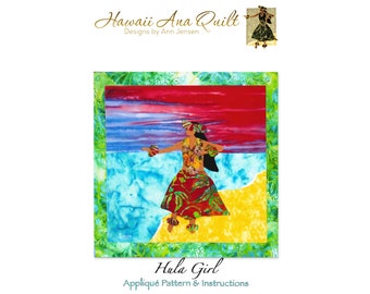 Quilt Pattern Hawaiian Hula Dancer on Beach Raw Edge or Needle Turn Applique~ Online PDF Digital Download