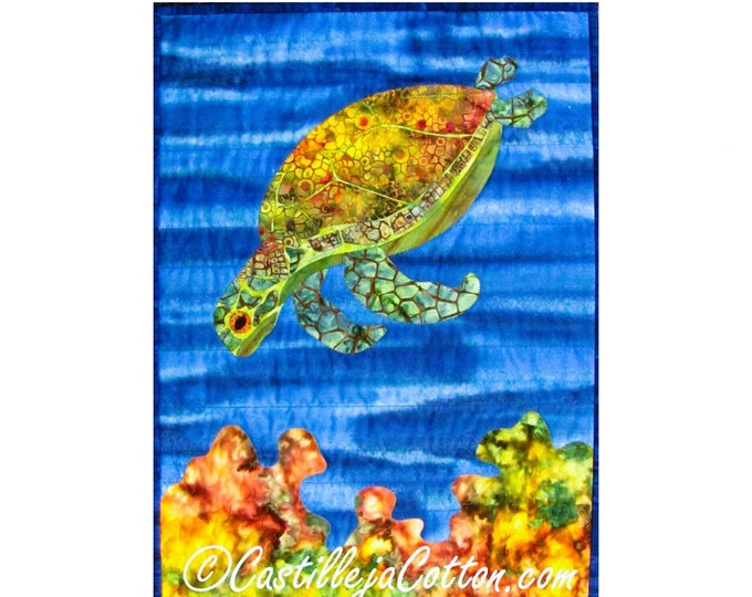 Sea Turtle Swimming Ocean Coral Reef Mortimer Digital Quilt Pattern .PDF Download Fusible Applique Technique~ 17.5" x 24.5"