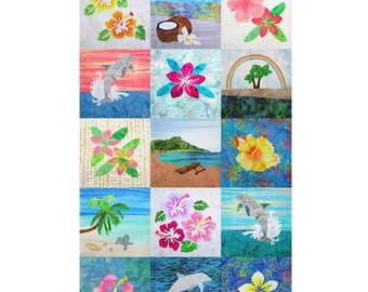Hawaiian Tropical Beach Wholecloth Cheater Quilt Top Cotton Fabric Panel~ Oahu Hawaii Wholecloth Fabric Panel Baby Quilt Wall Hanging DIY