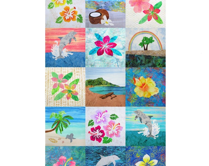 Hawaiian Tropical Beach Wholecloth Cheater Quilt Top Cotton Fabric Panel~ Oahu Hawaii Wholecloth Fabric Panel Baby Quilt Wall Hanging DIY