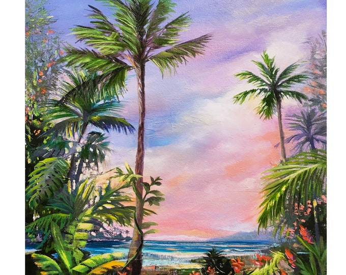 Maui Secret Garden Beach Paradise At Dawn Fabric Panel~ Hawaiian Tropical Flowers Ocean Palm Trees Pink Sky Fabric Quilt Square Block