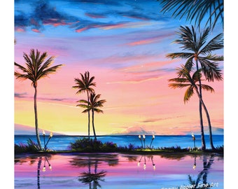 Tropical Beach Sunset Palm Trees Tiki Torches Fabric Quilt Square Panel Maui Hawaii Grand Wailea Resort Humu Humu