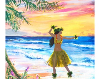 Hula Dancer Hawaiian Paradise Beach Sunset Fabric Quilt Square~ Hula Girl Dancing on Beach Hawaii Maui Oahu Kauai Luau Fabric Panel