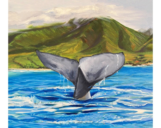 Whale Tail in Ocean Hawaii Fabric Quilt Square Panel Humpback Fluke Maui Oahu Kauai Big Island Coastal Alaska