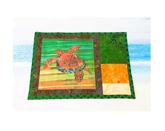 Tropical Sea Turtle Quilted Batik Mug Rug~ Swimming Turtle Ombre Brown Green Fabric Snack Mat Coaster for Adults or Kids