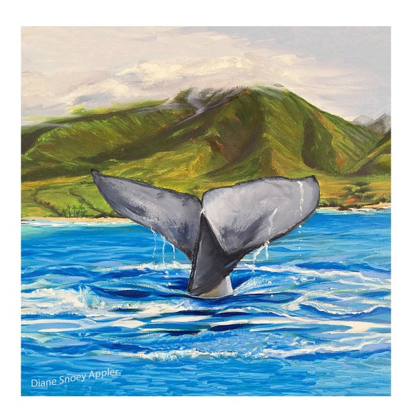 Whale Tail in Ocean Hawaii Fabric Quilt Square Panel Humpback Fluke Maui Oahu Kauai Big Island Coastal Alaska