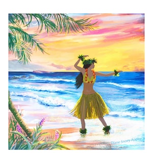 Hula Dancer Hawaiian Paradise Beach Sunset Fabric Quilt Square~ Hula Girl Dancing on Beach Hawaii Maui Oahu Kauai Luau Fabric Panel