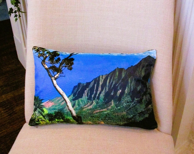 NA PALI Coast Velvet Pillow Cover~ Kauai Kalalau Valley Lookout Mountains Ocean Double-Sided Pillow Cover~ Fits 12" x 18" Pillow Form