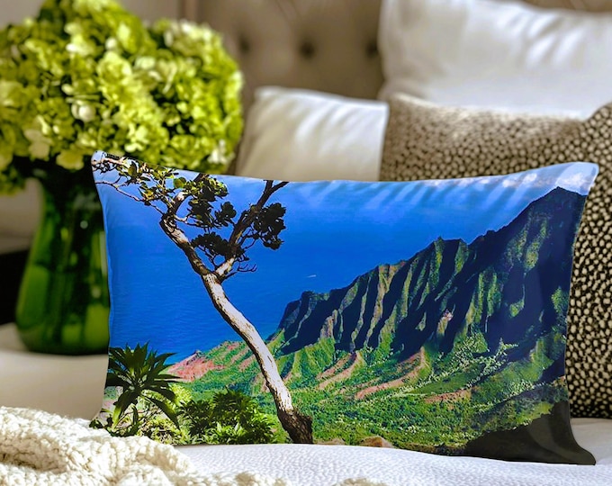 NA PALI Coast Velvet Pillow Cover Kalalau Valley Mountains Ocean Kauai~ Fits 18x12" Insert