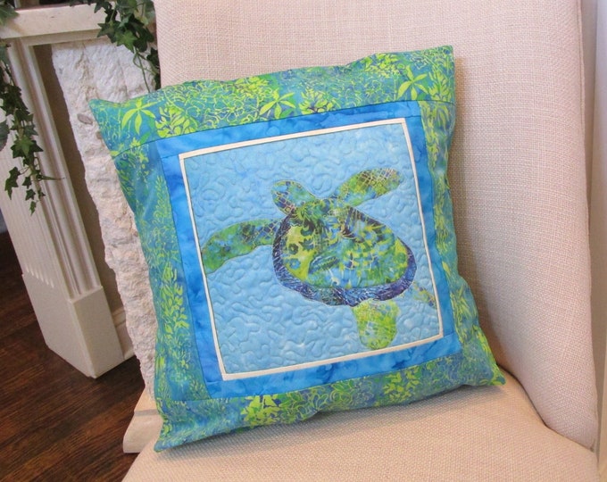 Quilted Green Blue Sea Turtle Pillow Cover~ Hawaiian Honu Sea Turtle Batik Fabric Pillow Cover