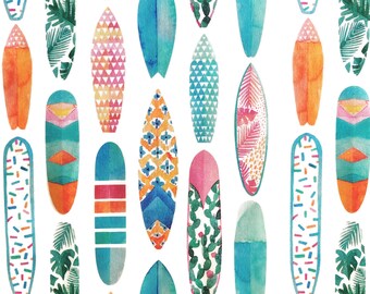 Surf's Up Colorful Surfboards Fabric Quilt Square Block~ Painted Surfboard Surfing Ocean Beach Surfer