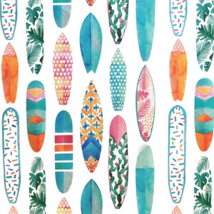 Surf's Up Watercolor Surfboards Fabric Quilt Square Block or Fat Quarter~ Surfing Ocean Beach