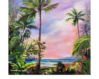 Maui Secret Garden Beach Paradise At Dawn Fabric Panel~ Hawaiian Tropical Flowers Ocean Palm Trees Pink Sky Fabric Quilt Square Block