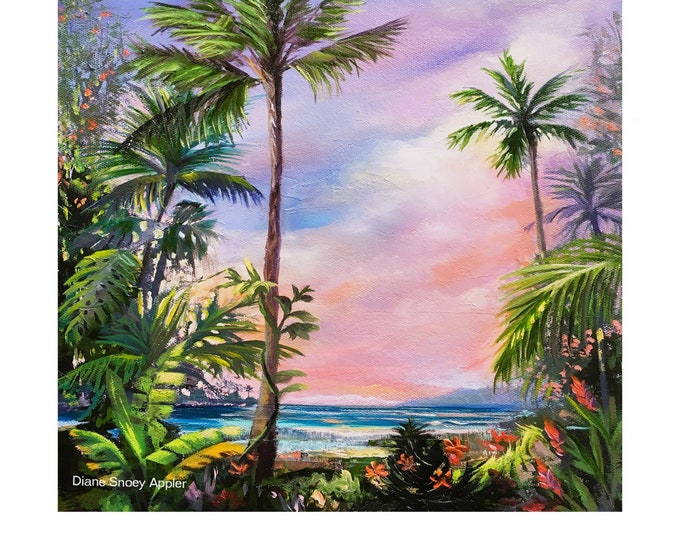 Maui Secret Garden Beach Paradise At Dawn Fabric Panel~ Hawaiian Tropical Flowers Ocean Palm Trees Pink Sky Fabric Quilt Square Block