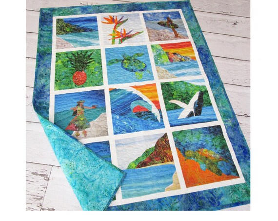 HAWAIIAN Hula Dancer Surfer Girl Modern Baby Quilt~ Tropical Beach Sea Turtle Whale Seahorse Wave Quilted Wall Hanging or Baby Quilt