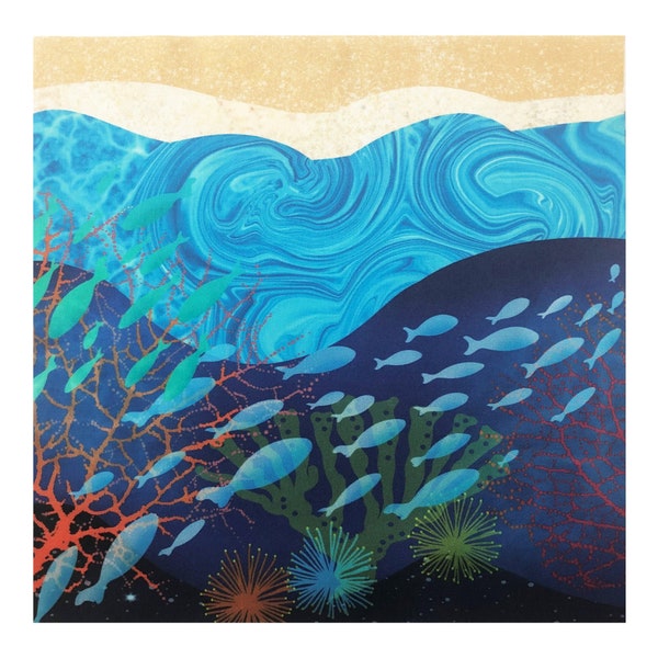 Ocean Reef Fish Fabric Panel Quilt Square Waves Beach Sand School Swimming Sea Anemone Coral