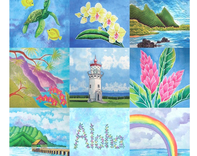 Lea Ingram Collection Fabric Quilt Squares Tropical Flowers Beach Na Pali Hanalei Pier Rainbow Turtle Kauai Hawaii Lighthouse~ Closeout SALE