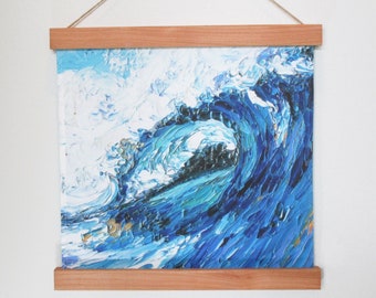 Ocean Wave Surf's Up Beach Fabric Wall Hanging Wood Frame Hanger~ Tropical Beach Ocean Wave Surfing Surfer Fabric Wall Hanging
