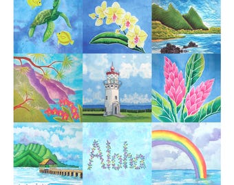 Hawaii Dreams Fabric Quilt Wholecloth~ Aloha Rainbow Hanalei Kauai Rooster Church Turtle Tropical Flowers