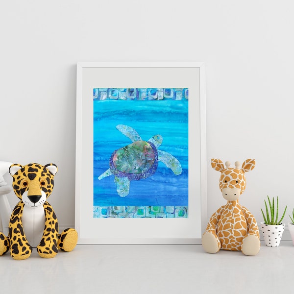 Sea Turtle Blue Ocean Coastal Beach Art Print 8x10 11x14 Metallic or Metallic Linen Photo~ Tropical Honu Hawaiian Batik Wall Art Print