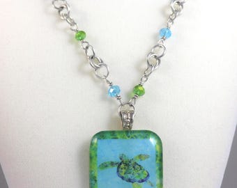 Coastal Sea Turtle Pendant Blue Green Ocean Tropical Beach AB Beads Chainmaille Necklace