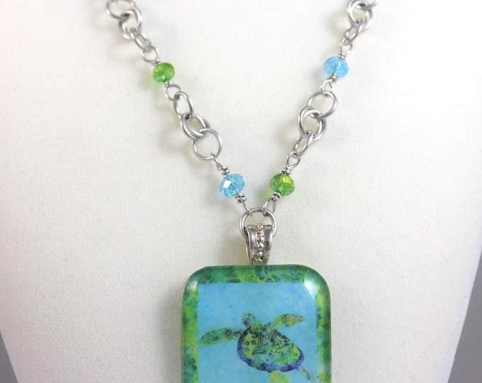 Coastal Sea Turtle Pendant Blue Green Ocean Tropical Beach AB Beads Chainmaille Necklace