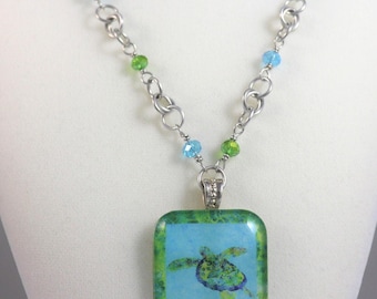 Coastal Sea Turtle Pendant Blue Green Ocean Tropical Beach AB Beads Chainmaille Necklace