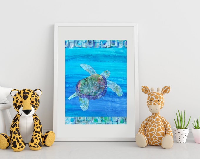 Sea Turtle Blue Ocean Coastal Beach Art Print 8x10 11x14 Metallic or Metallic Linen Photo~ Tropical Honu Hawaiian Batik Wall Art Print