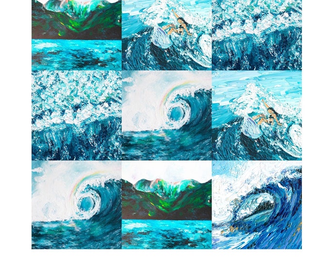Surfer Girl WAVES Surf's Up Wholecloth Fabric Panel Cheater Quilt Top Tropical Beach Ocean Wave Sea Foam Coastal Surfing