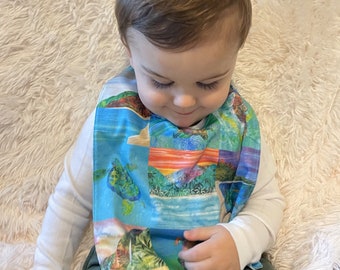 Sea Turtle Beach Seahorse Dolphin Hawaiian Baby Bib Girls Boys ~ Tropical Beach Mountains Sea Life Cotton Minky Bib Baby Shower Gift