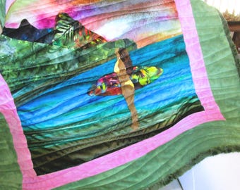Surfer Girl Beach Babe Pink Watercolor Sunset Minky Baby Quilt Girls Adult Lap Blanket