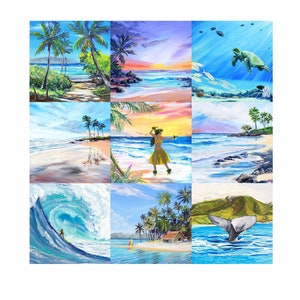 May include: A collage of nine paintings depicting various scenes of the Hawaiian Islands. The paintings feature palm trees, beaches, ocean waves, surfers, a hula dancer, a sea turtle, and a whale tail.