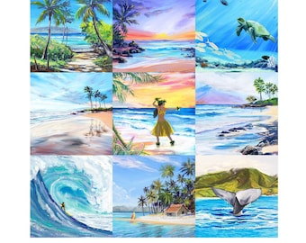 Tropical Hawaiian Beach Paradise Diane Appler 17.5" Wholecloth Panel Fabric Quilt Square Set Hula Dancer Sea Turtle Whale Surfer