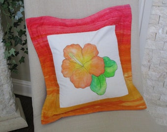Peach Orange HIBISCUS Flower Pillow Cover, Tropical Hibiscus Quilted Painted Fabric Pillow Case Orange Pink Yellow