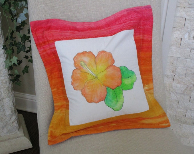 Peach Orange HIBISCUS Flower Hand Painted Pillow Cover, Tropical Hibiscus Quilted Painted Fabric Pillow Case Orange Pink Yellow