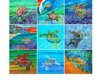 SEA TURTLE Fabric Panel Wholecloth Quilt Top Ocean Beach Uncut Square Set Blocks
