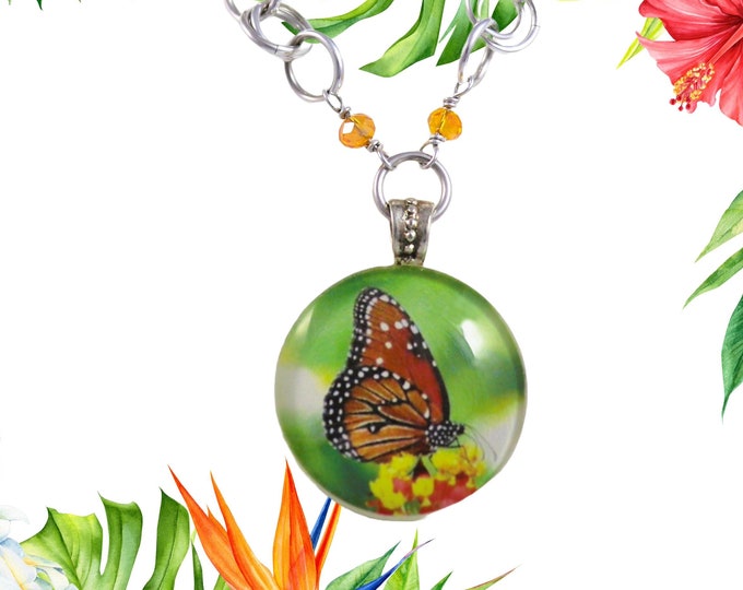 Butterfly Pendant Necklace Kamehameha Hawaii Native - Tropical Glass Artisan Beaded Necklace - Green Orange Butterfly Necklace
