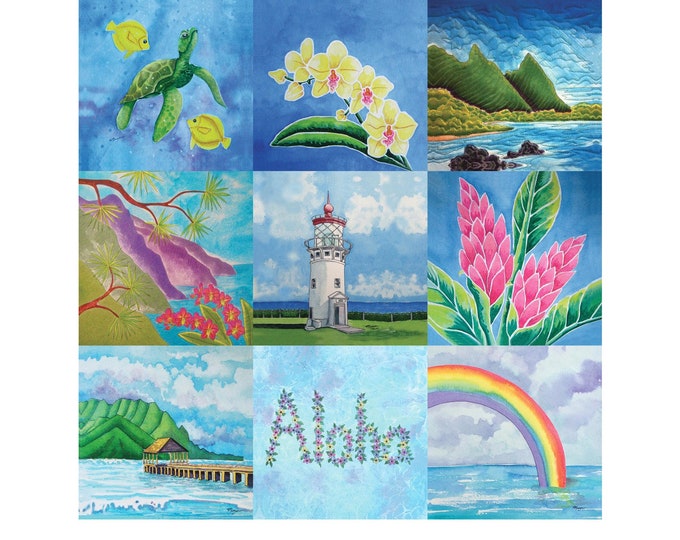 Hawaii Dreams Fabric Quilt Wholecloth~ Aloha Rainbow Hanalei Kauai Rooster Church Sea Turtle Tropical Flowers Cotton Cheater Quilt Top Panel