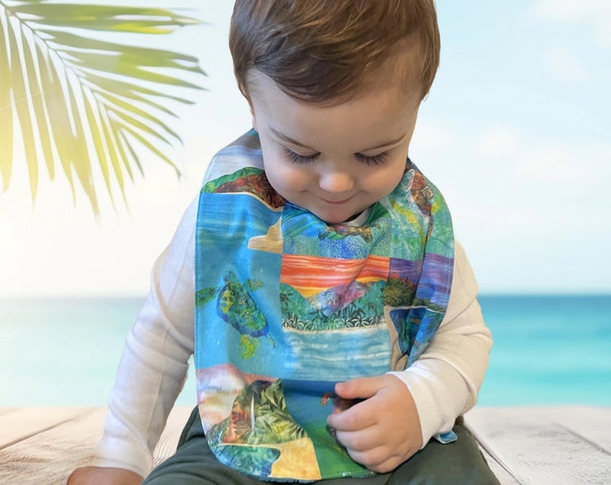 Sea Turtle Beach Seahorse Dolphin Hawaiian Baby Bib Girls Boys ~ Tropical Beach Mountains Sea Life Cotton Minky Bib Baby Shower Gift