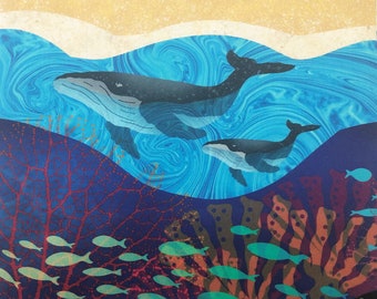 Humpback WHALES Ocean Fabric Panel Quilt Square Block Fish Coral Reef Waves Beach Sand Under the Sea