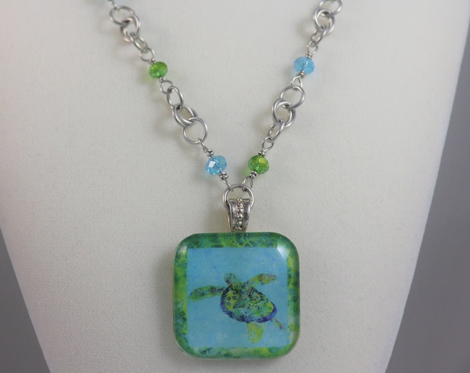 Sea Turtle Necklace Beach Pendant - Hawaiian Turtle Coastal Tropical Blue Green Ocean Necklace