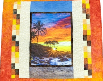 Tropical Hawaiian Beach Sunset Quilt Orange Yellow Ombre Baby Shower Gift Nursery Decor Quilted Table Topper Home Decor Wall Hanging