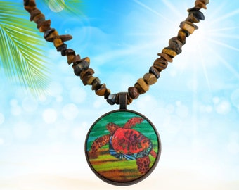 Sea Turtle Brown Pendant Necklace Tropical Beach Hawaii - Tropical Artisan Necklace Gemstone Chips Beaded