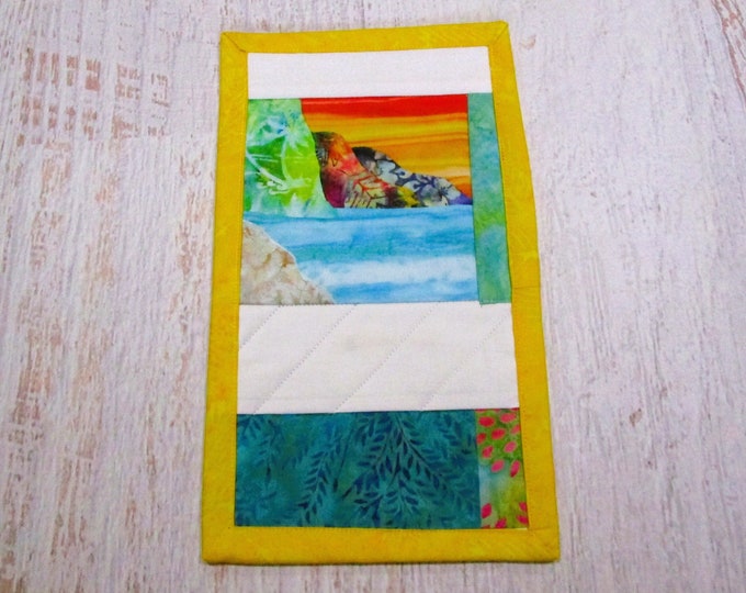 Tropical Beach Sunset Mountains Quilted Batik Fabric Mug Rug~ Colorful Na Pali Coast Kauai Hawaii Snack Mat Coaster