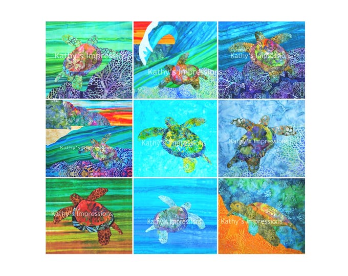 Sea Turtle Fabric Panel Wholecloth Quilt Top Ocean Beach Uncut Square Set Blocks
