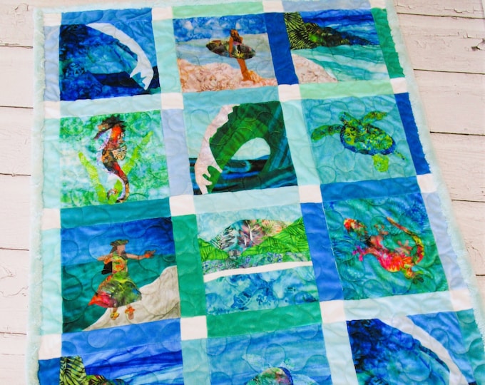 Shades of Paradise Surfer Girl Hawaiian MINKY Baby Quilt Ocean Wave Hula Dancer~ Tropical Beach Sea Turtle Blue Green Modern Minky Quilt