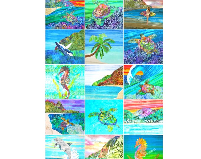 Tropical Beach Wholecloth Fabric Panel Sea Turtle Ocean Wave Surfer Whale Dolphin Seahorse Palm Tree Uncut Cheater Quilt Top 10.5" Blocks