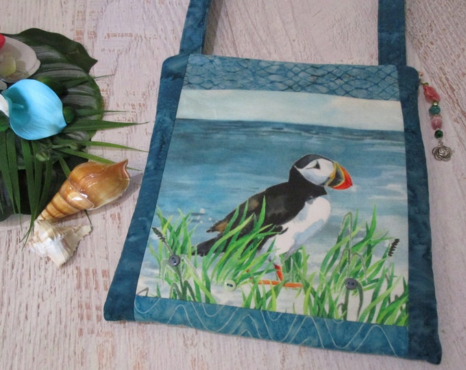 Hibiscus Plumeria Tropical Flowers Shoulder Bag~ Tropical Puffin Bird on Beach Purse~ Puffin Bird Beach Floral iPad Bag