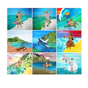 May include: A collage of nine square images featuring tropical scenes. Each image depicts a different scene, including people in traditional attire, marine life, and landscapes. The images are colorful and vibrant, with a focus on the ocean and nature.